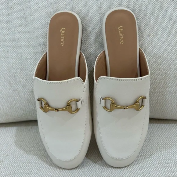 Quince Bone White Italian Leather Mules Classic Gold Horsebit Slides Size 7 - Picture 4 of 11